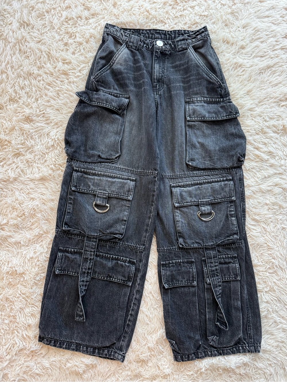 Dancassab Black Wash Denim Cargo Jeans Multi Pocket Baggy Y2K Size 26 S